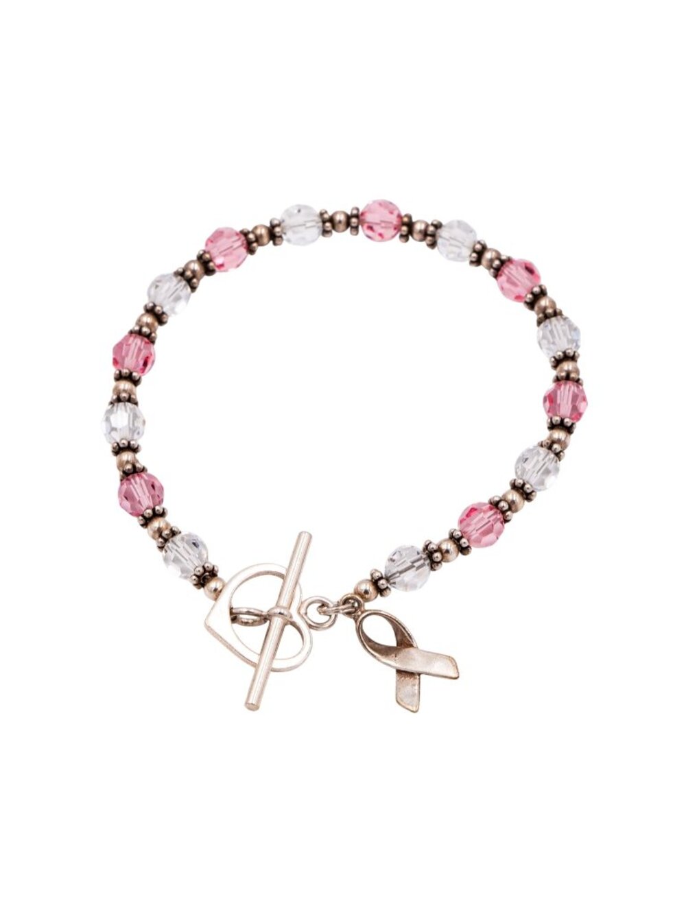 Sterling Silver Breast Cancer Awareness Pink Crystal Beaded Bracelet 7.5 Inch